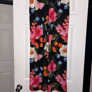 Boston Proper Floral Wide Leg Pants - Black, Pink, Orange, Blue, White